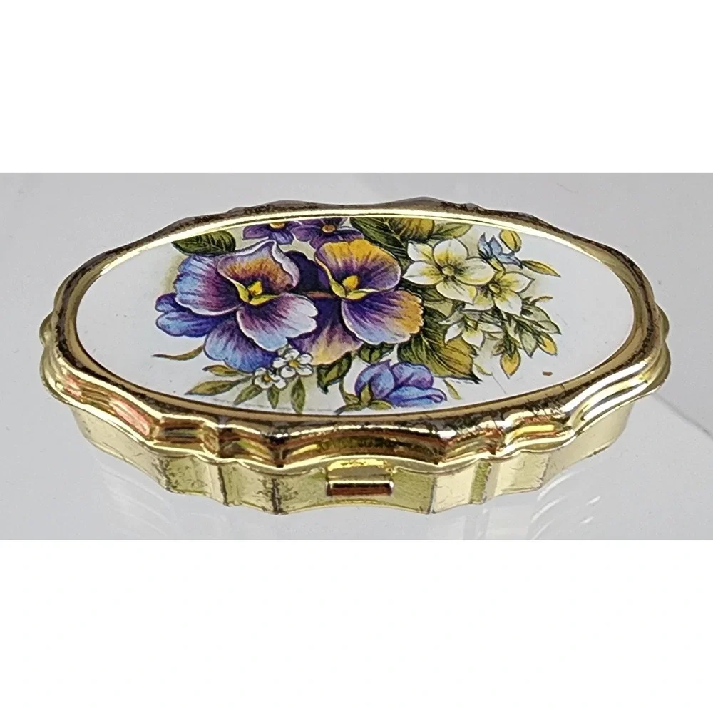 Small Pill Box Trinket Holder Gold Floral Pansy Scalloped Oval Vintage Snap Lid
